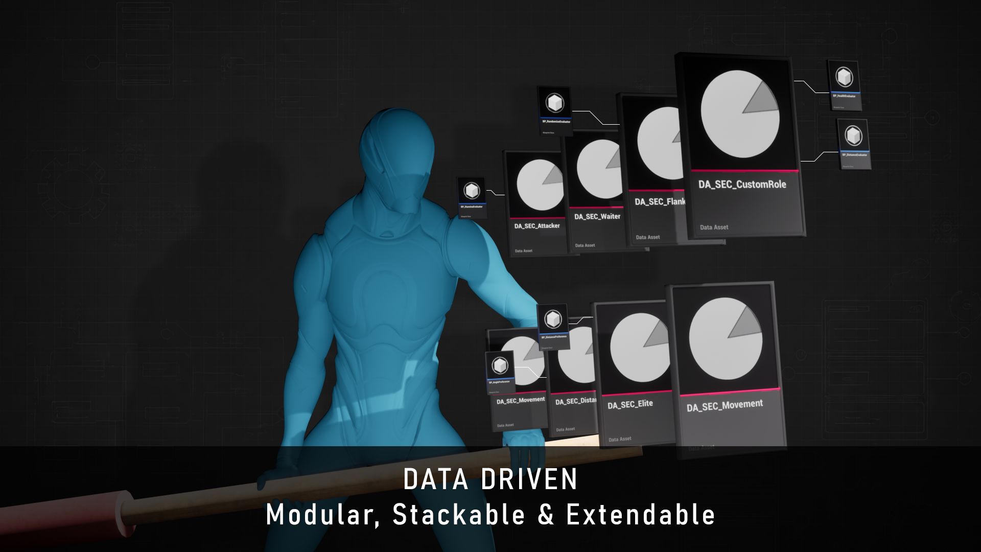 Data-driven design: behavior is modular, stackable, and extendable through data assets