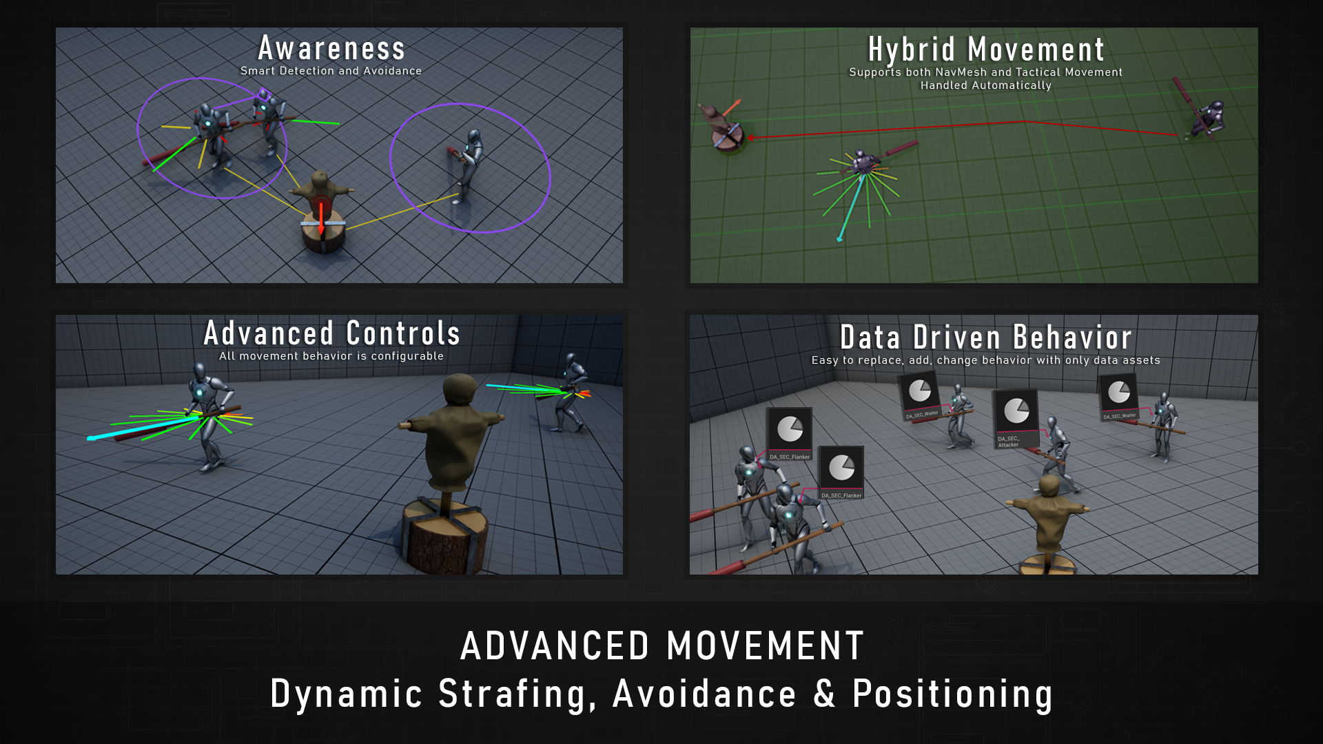 Advanced movement: awareness and avoidance, hybrid NavMesh/tactical movement, configurable controls, and data-driven behavior