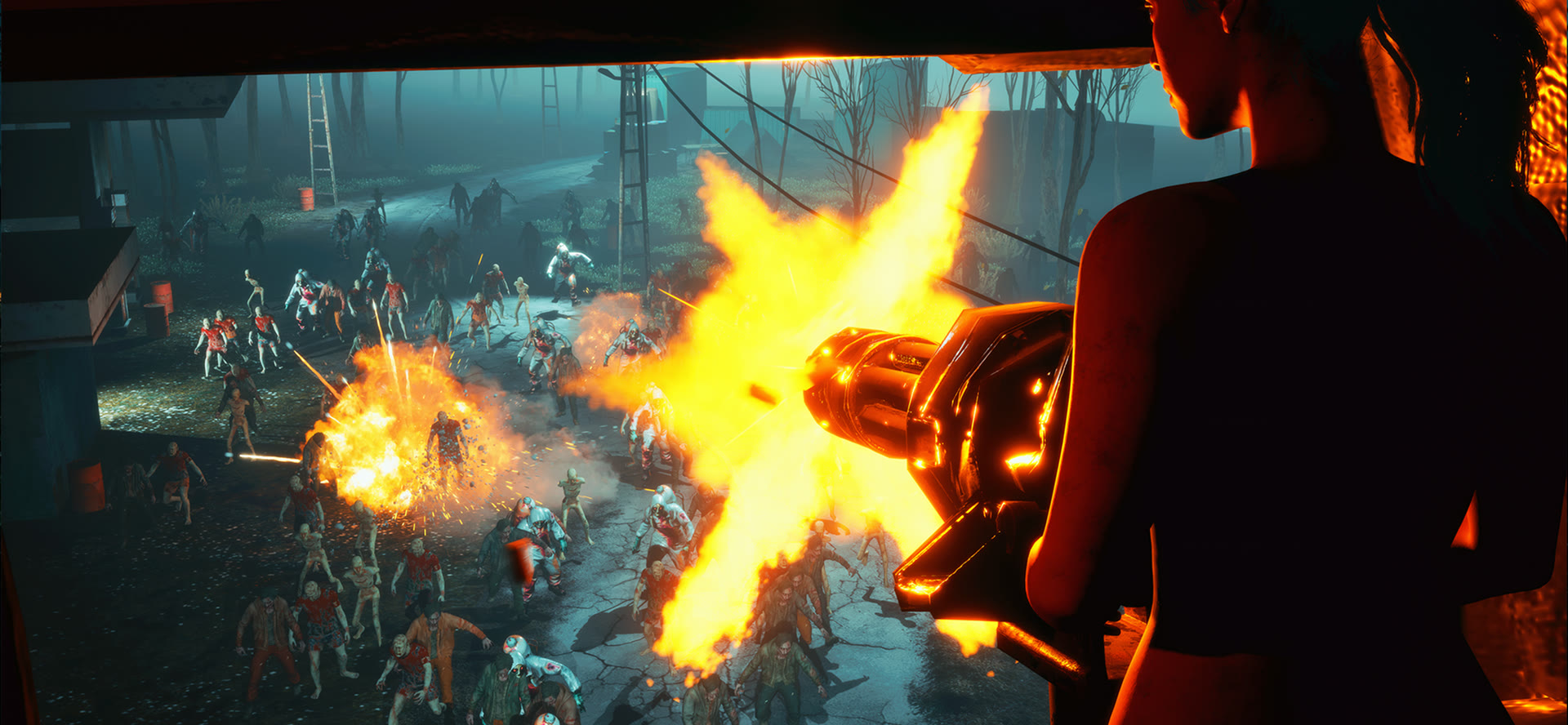 Mowing down a horde with a flamethrower from a raised barricade at night