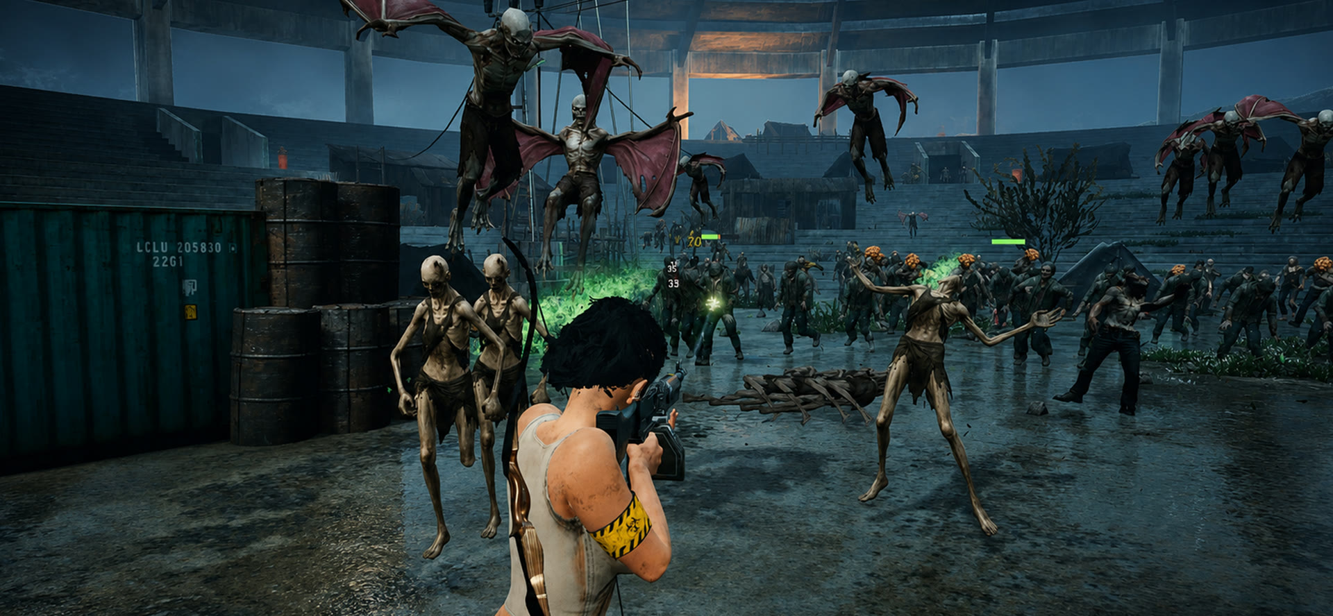 A large wave of zombies, including flyers, closing on the player in a flooded arena